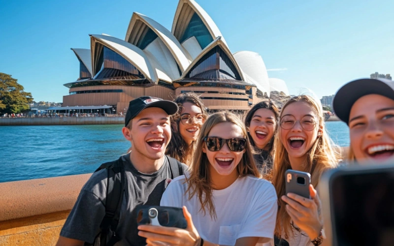 influencers taking selfie video in front of Opera House, Sydney attractions, February 2025, Australia