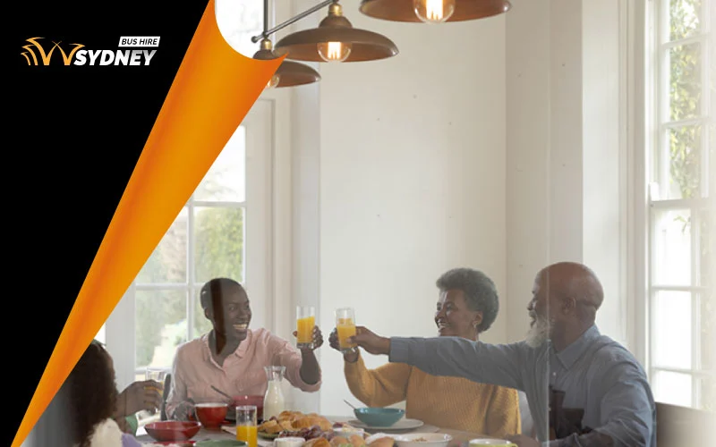 big extended family having lunch together, Sydney tours, convenient Sydney transport