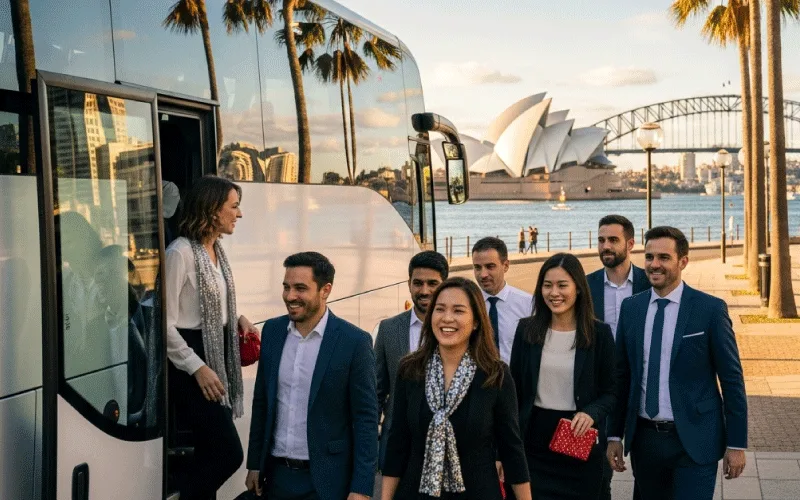 Corporate team boarding a Sydney coach for a holiday party event