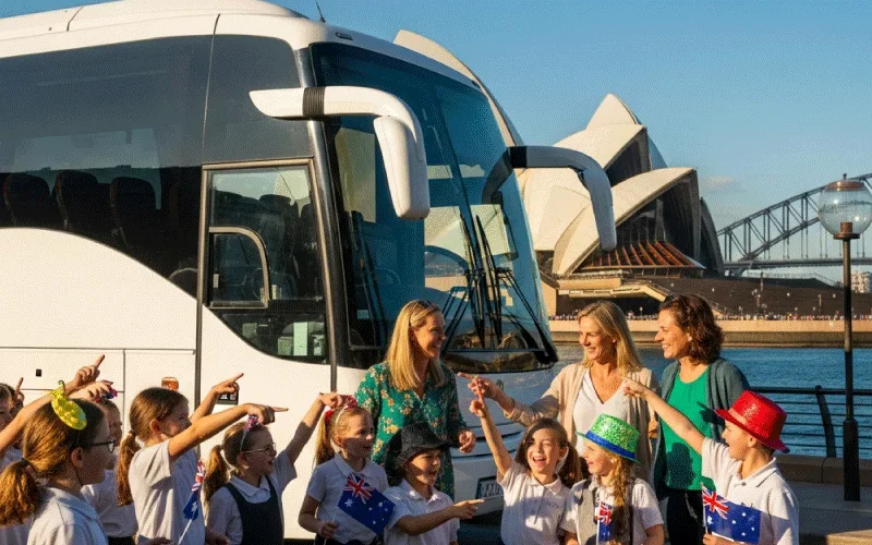 Teachers and students enjoying a festive day trip organised with Sydney Coach Company