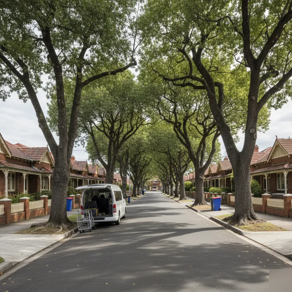 Sydney airport shuttle van parked on typical suburban brick cottage street
