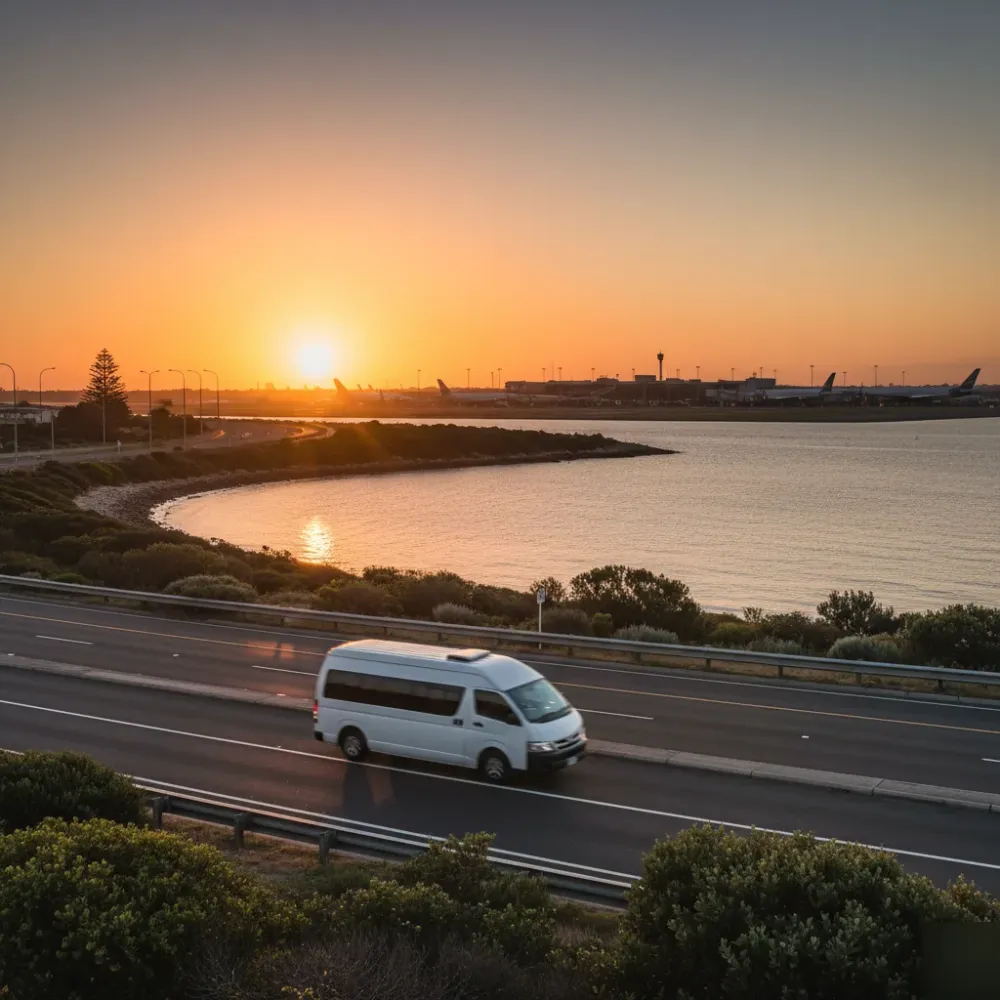 Airport shuttle van approaching Sydney Airport at golden hour near Botany Bay