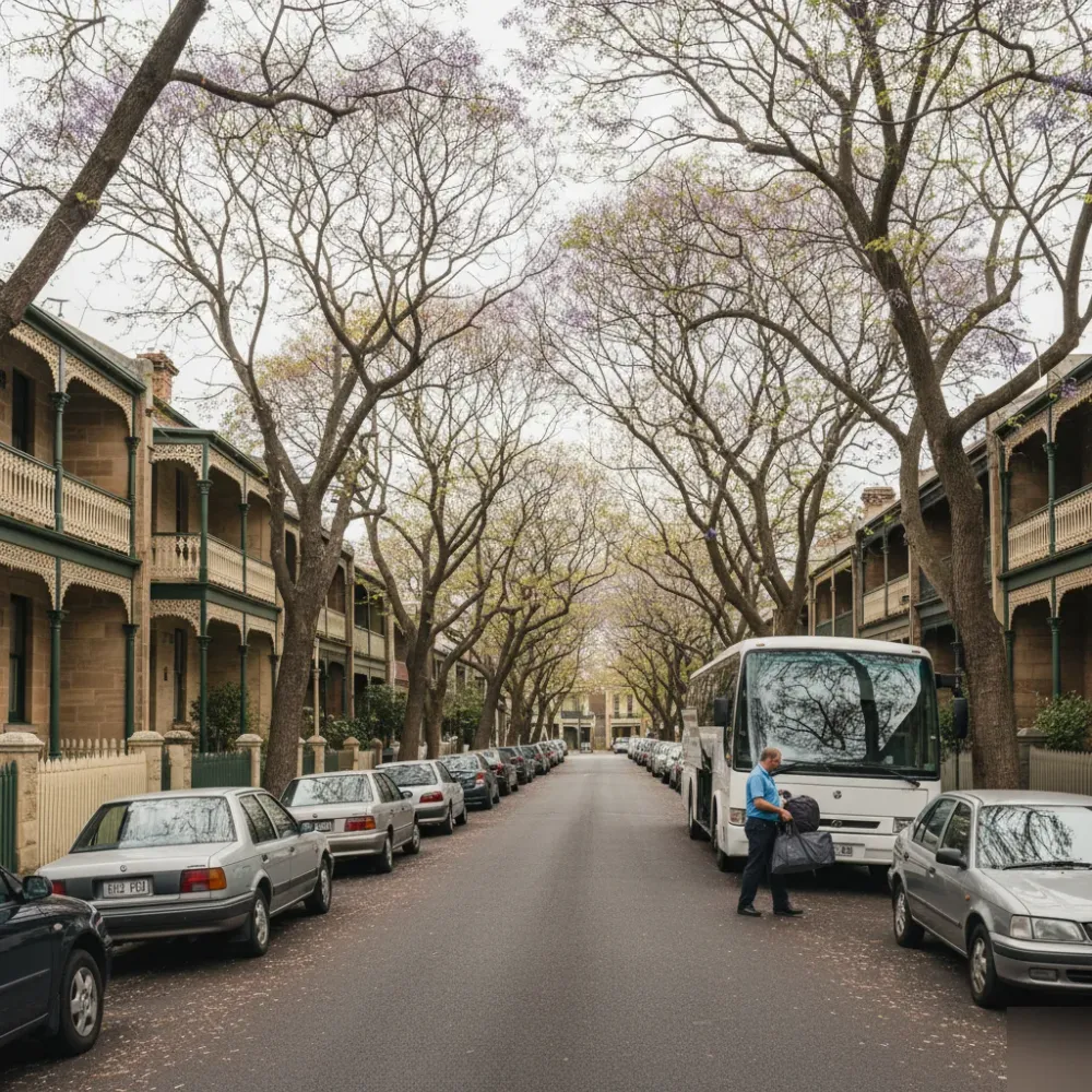 Charter bus parked on Sydney Inner West terrace house street