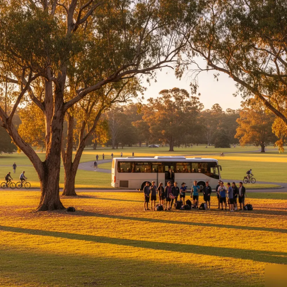 Charter bus service at Centennial Park Sydney golden hour community event
