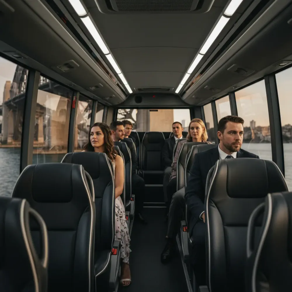 Guests relaxing inside luxury minibus during Sydney event transportation service