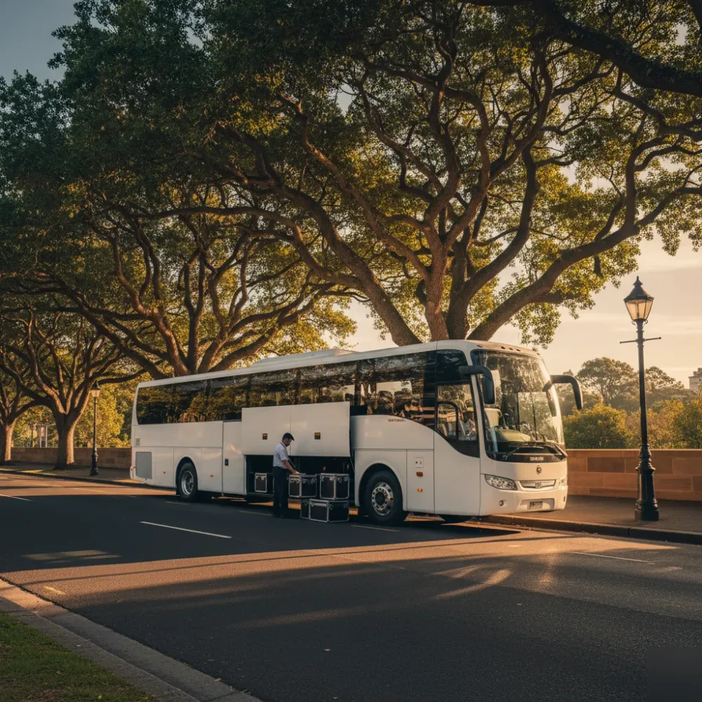 Luxury event transport coach on Sydney street at golden hour ready for departure