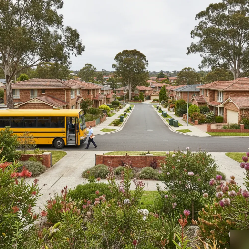 Sydney school bus service parked on a Hills District residential street