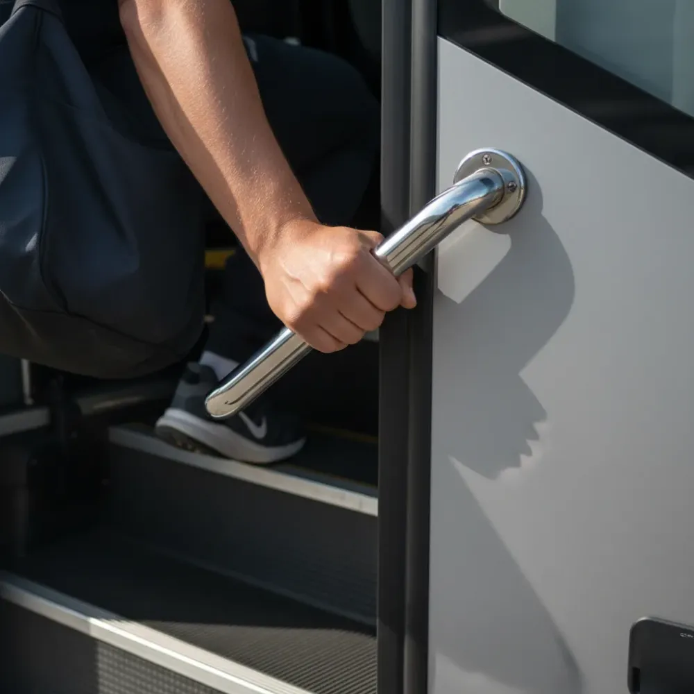 Close-up sports club bus hire Sydney passenger boarding grab rail detail