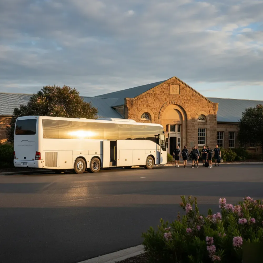 Charter bus parked outside Sydney sports club facility team arriving together