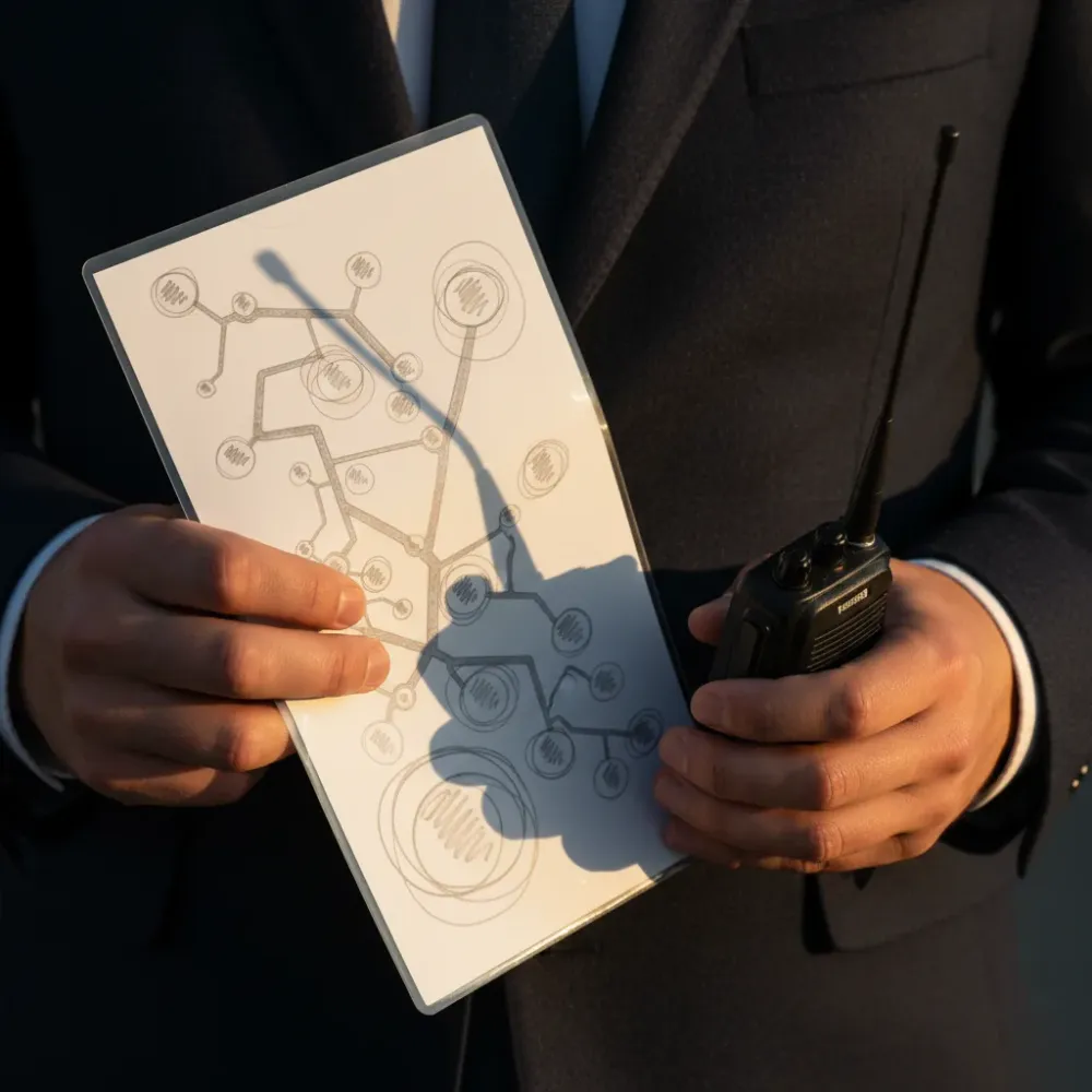 Wedding guest transport coordinator holding route schedule and radio in Sydney