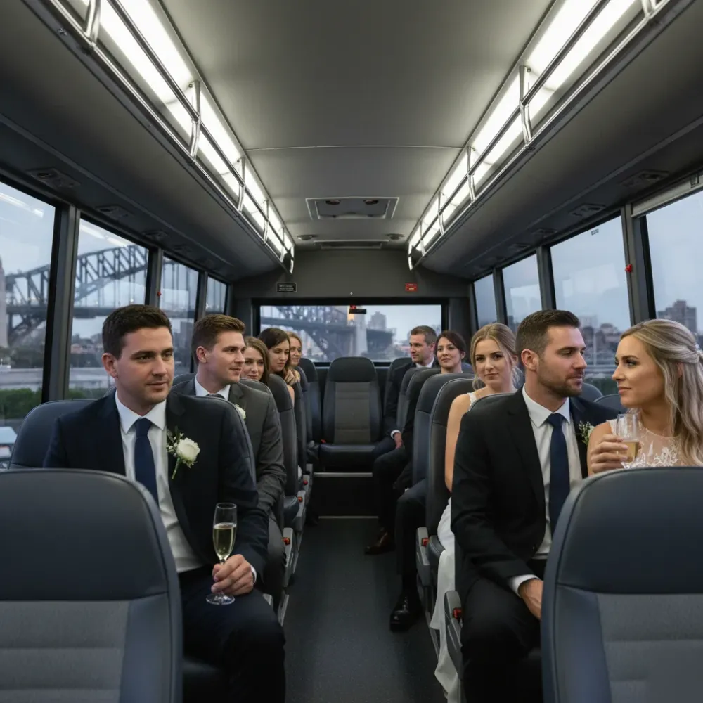 Wedding guests seated comfortably in shuttle bus transport solution in Sydney