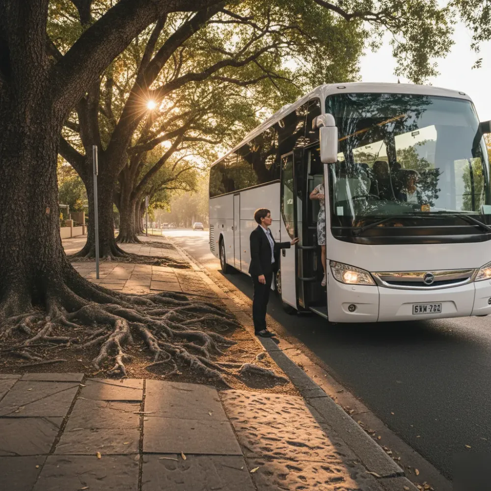 Wedding guest transport coach at golden hour on Sydney sandstone street